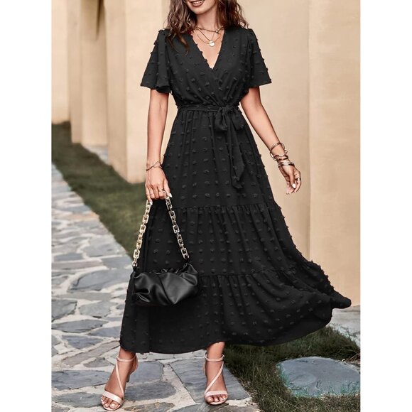 Women’s Swiss Dot Maxi Dress Flowy V Neck Short Sleeve Boho Casual - Picture 9 of 9
